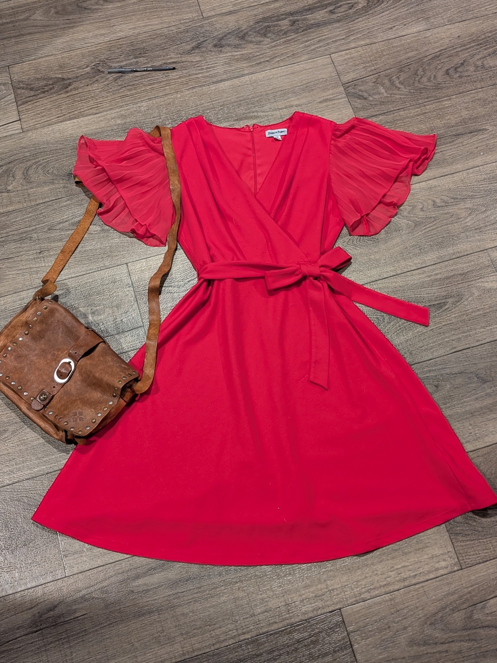 Red Wrap Dress with Pleated Flutter Sleeves